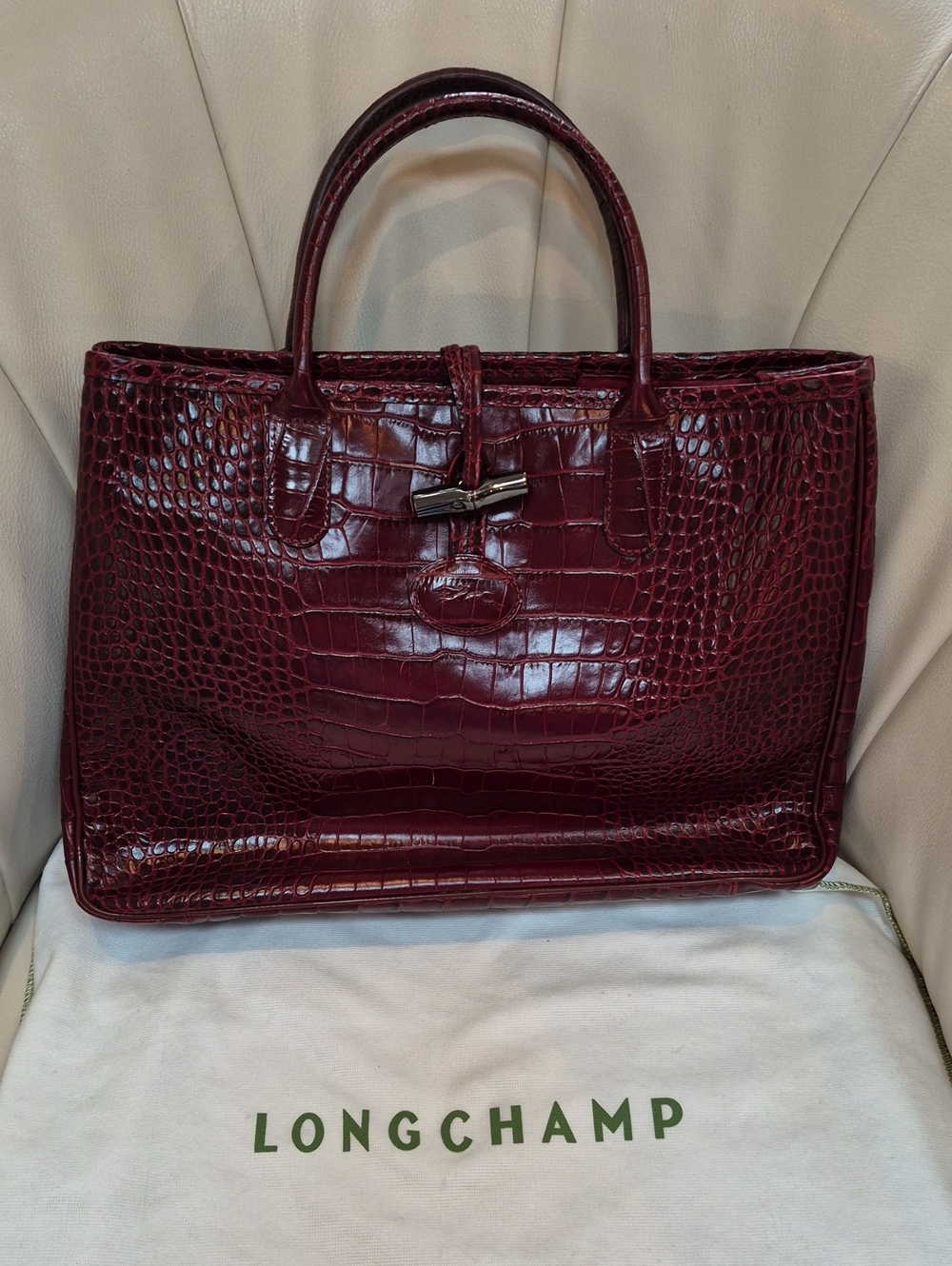Longchamp Croc-Embossed Satchel in Deep Burgundy